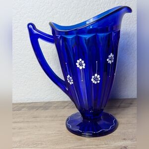 Vintage Fenton Cobalt Blue Hand Painted Flowers Signed Pitcher Handle